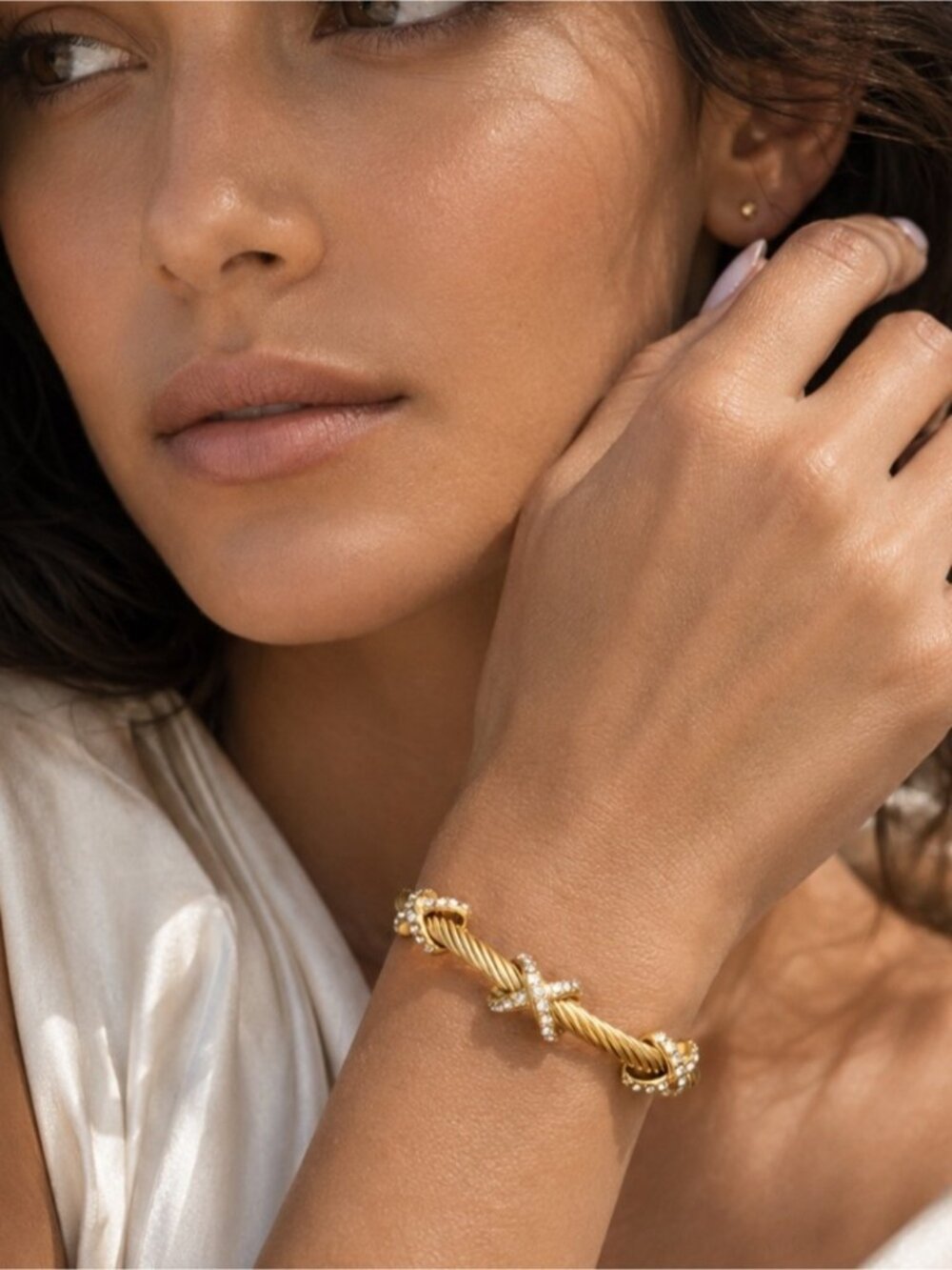 Gold Twisted Rope Bracelet with Crystal Accents